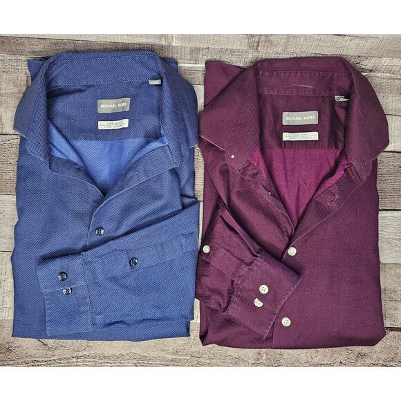 2 MICHAEL KORS Red Blue Long Sleeve SHIRT Regular Fit Men's LARGE Bundle Lot - Picture 1 of 8
